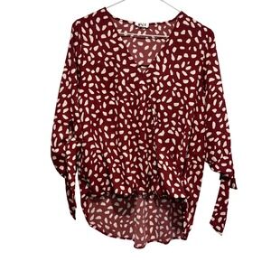 West K Womens XS Burgundy Abstract Dot Print V-Neck Wrap Blouse Tie Cuff TU37491